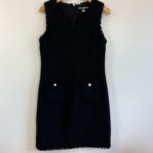Karl Lagerfeld Dresses & Skirts - Karl Lagerfeld Midi Dress Womens 10 Black  Sleeveless Tweed Office Fringed Hem
